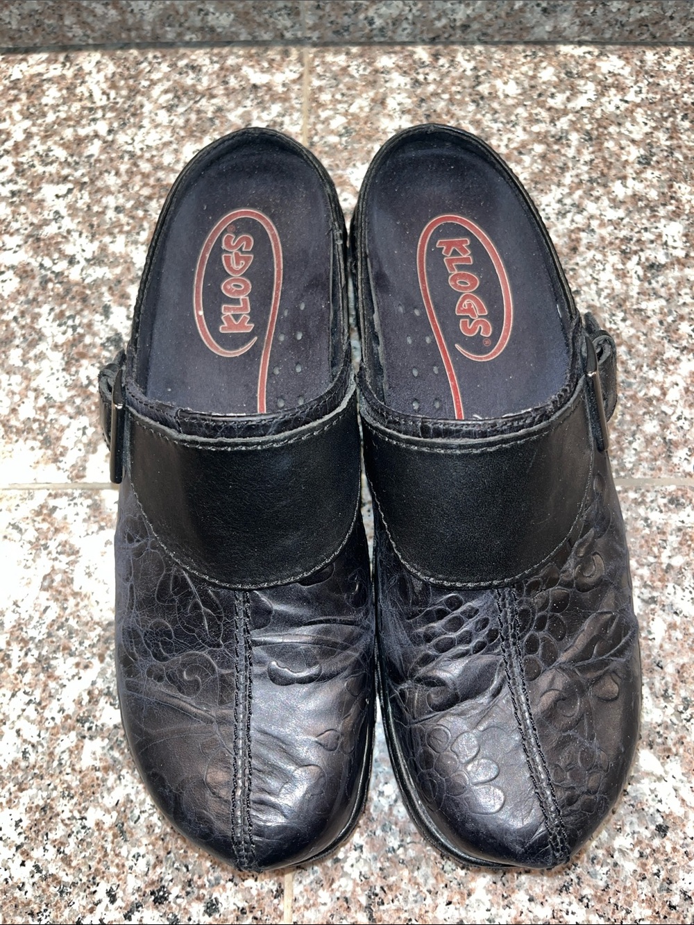 Klogs Black Embossed Floral Leather Clogs